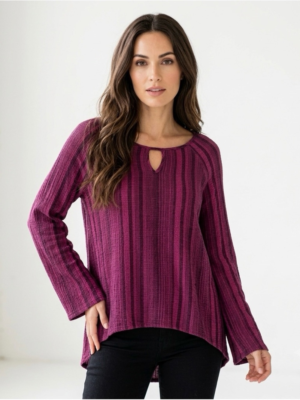 ANTHROPOLOGIE Cloth & Stone Women’s Plum Long Sleeve Stripped Print Top Size XS